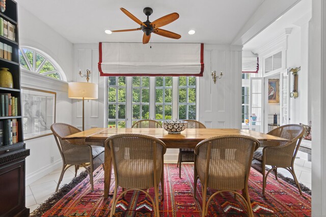 259 N Main St, Stonington, CT 06378 - dining area with ceiling fan, light tile patterned flooring, and recessed lighting