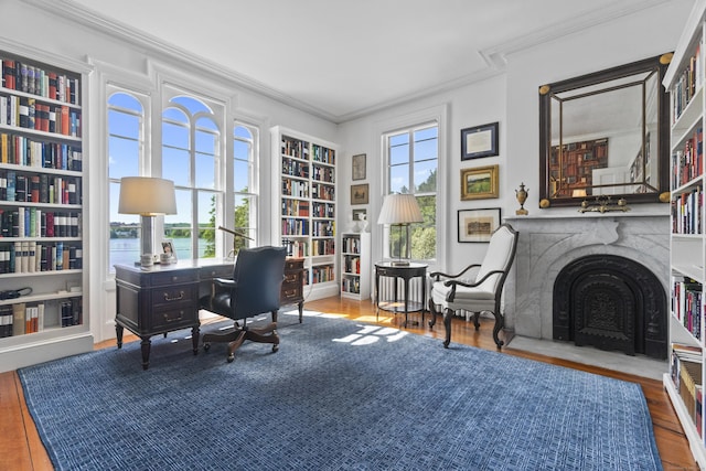 259 N Main St, Stonington, CT 06378 - office area with ornamental molding, wood finished floors, a fireplace with flush hearth, and a water view