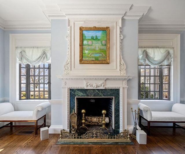 828 Sasco Hill Rd, Fairfield, CT 06824 - detailed view of a fireplace, wood finished floors, and crown molding
