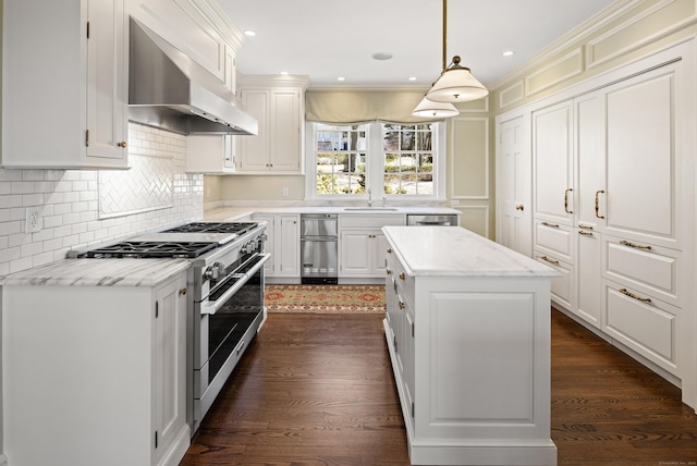 828 Sasco Hill Rd, Fairfield, CT 06824 - kitchen with stainless steel stove, wall chimney range hood, a sink, decorative backsplash, and dark wood-style flooring