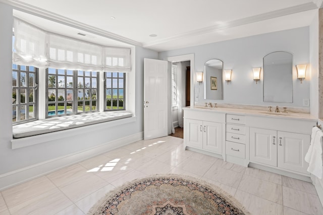828 Sasco Hill Rd, Fairfield, CT 06824 - bathroom with baseboards, double vanity, and crown molding