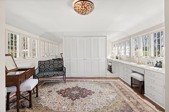 828 Sasco Hill Rd, Fairfield, CT 06824 - office area with wood finished floors, built in study area, and vaulted ceiling