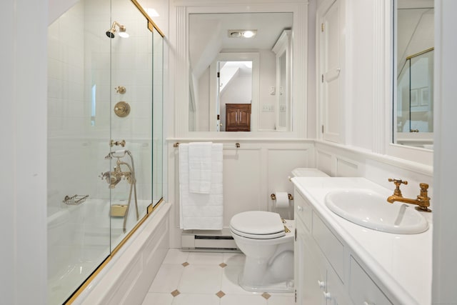 828 Sasco Hill Rd, Fairfield, CT 06824 - bathroom featuring tile patterned floors, toilet, baseboard heating, bath / shower combo with glass door, and vanity