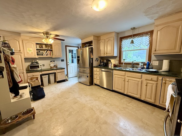 5 Hampton Rd, Enfield, CT 06082 - kitchen featuring appliances with stainless steel finishes, open shelves, dark countertops, a ceiling fan, and a textured ceiling