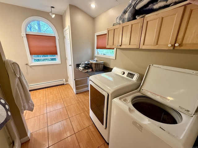 5 Hampton Rd, Enfield, CT 06082 - laundry area with a baseboard radiator, cabinet space, washing machine and clothes dryer, and recessed lighting