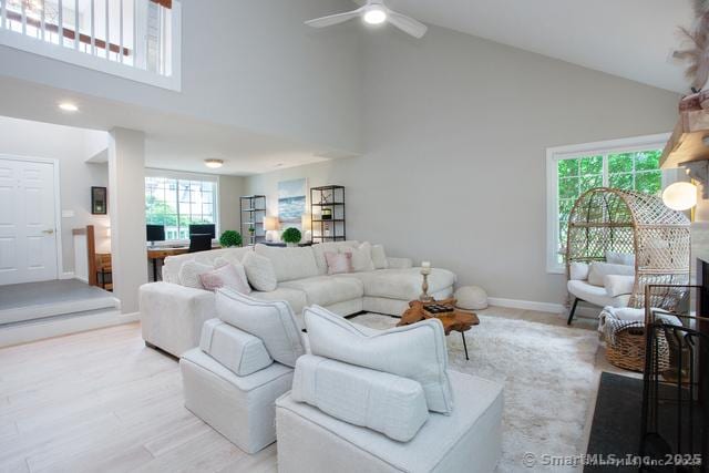 41 Stratton Forest Way, Simsbury, CT 06070 - living area with high vaulted ceiling, ceiling fan, and baseboards