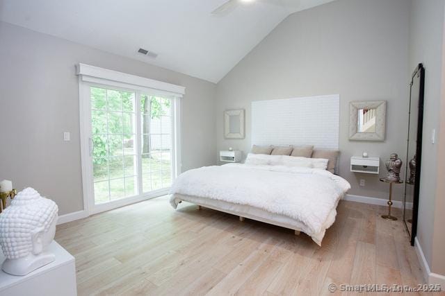 41 Stratton Forest Way, Simsbury, CT 06070 - bedroom with light wood finished floors, baseboards, high vaulted ceiling, and ceiling fan