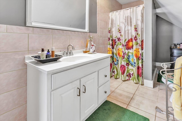 bathroom featuring vanity, tile patterned floors, a shower with shower curtain, tile walls, and tasteful backsplash