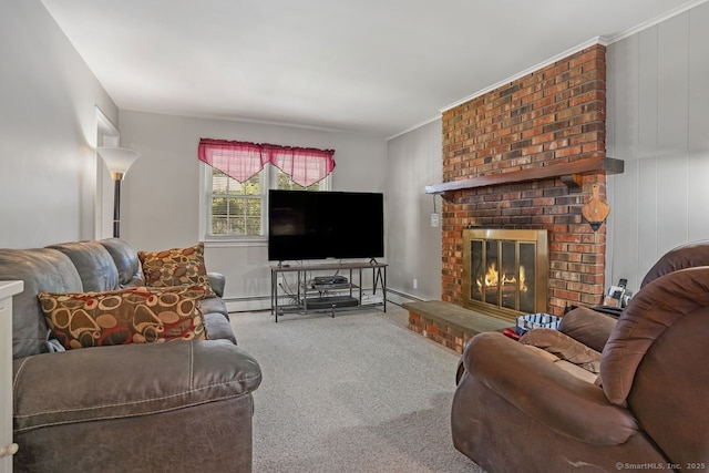 330 Flagler Ave, Stratford, CT 06614 - living area featuring carpet floors, a fireplace, and crown molding