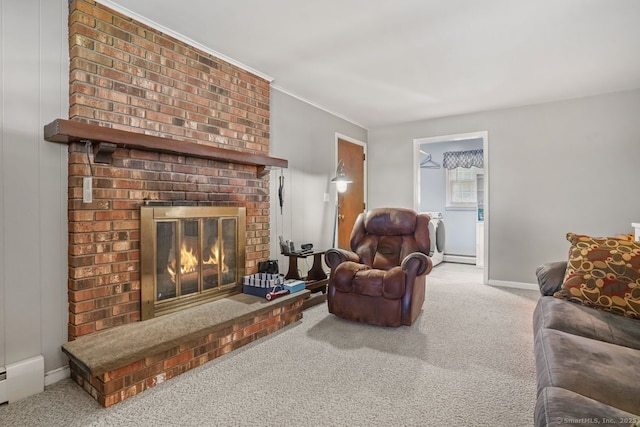 330 Flagler Ave, Stratford, CT 06614 - carpeted living room with baseboards, baseboard heating, a fireplace, a baseboard radiator, and crown molding
