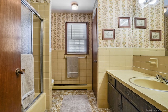 330 Flagler Ave, Stratford, CT 06614 - full bathroom with baseboard heating, wallpapered walls, vanity, tile walls, and a wainscoted wall
