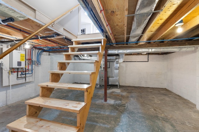 unfinished basement with tankless water heater and heating unit
