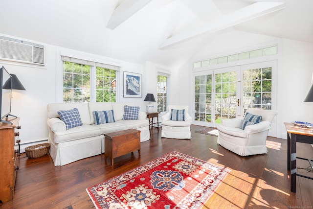 interior space with beam ceiling, a baseboard radiator, french doors, and a wall mounted air conditioner