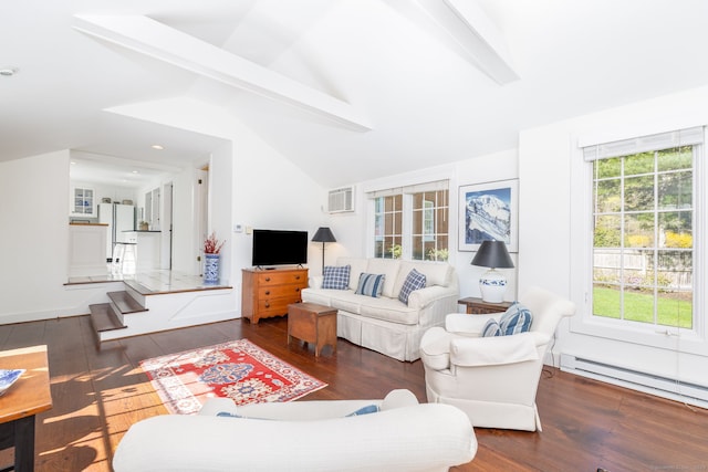 living room featuring lofted ceiling with beams, wood-type flooring, and a baseboard heating unit