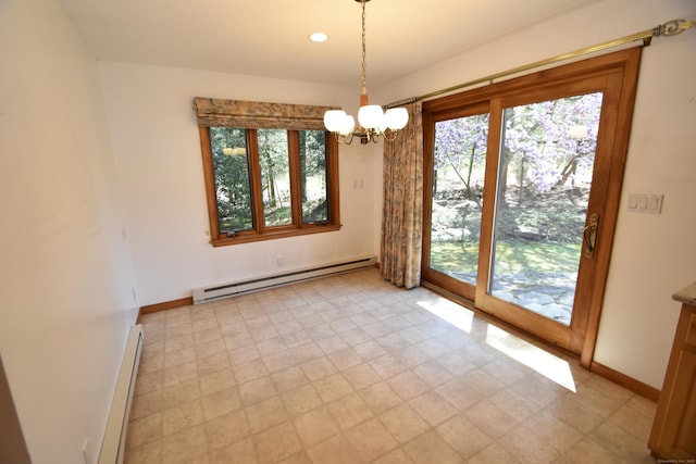 unfurnished dining area with baseboards, baseboard heating, recessed lighting, a baseboard radiator, and a notable chandelier