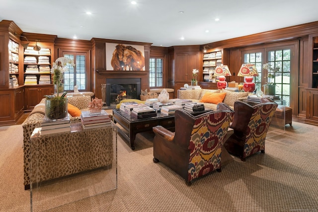 35 Old Redding Rd, Easton, CT 06612 - living room featuring carpet flooring, a glass covered fireplace, and recessed lighting