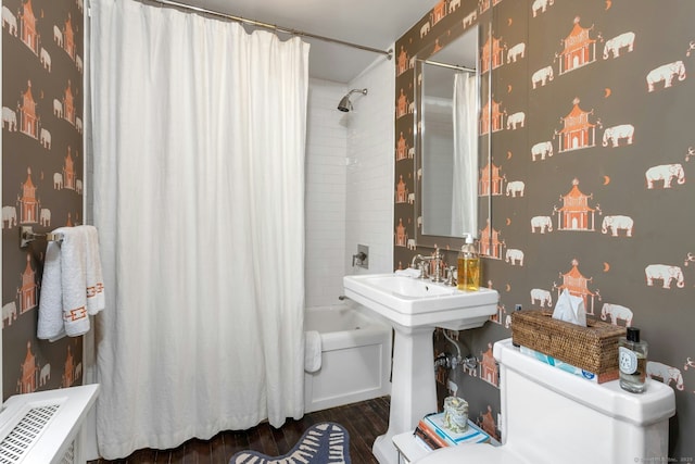 35 Old Redding Rd, Easton, CT 06612 - bathroom featuring toilet, shower / bath combo, wood finished floors, and a sink