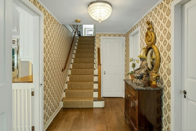 35 Old Redding Rd, Easton, CT 06612 - entryway with wallpapered walls, dark wood-style flooring, and stairway