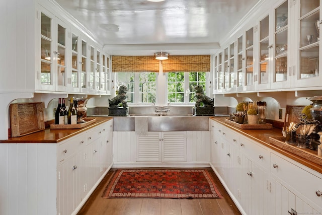 35 Old Redding Rd, Easton, CT 06612 - kitchen featuring dark wood finished floors, white cabinets, and glass insert cabinets