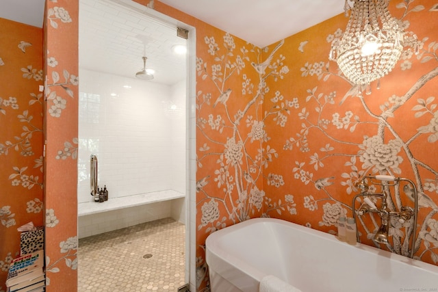 35 Old Redding Rd, Easton, CT 06612 - full bath featuring a freestanding bath, a tile shower, tile patterned floors, and wallpapered walls