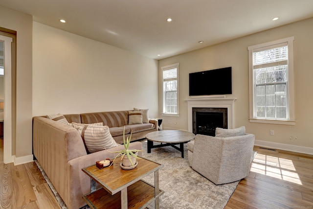 living room with baseboards, light wood-style flooring, and plenty of natural light