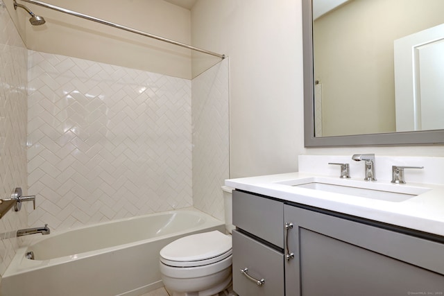 full bath with toilet, shower / bathtub combination, and vanity