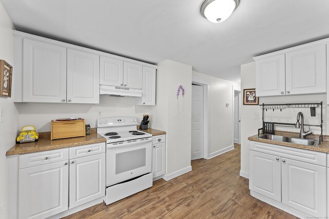 6 Beech St, Bristol, CT 06010 - kitchen with wood finished floors, a sink, white cabinets, electric stove, and under cabinet range hood