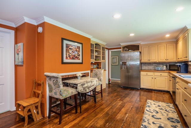 kitchen featuring crown molding, open shelves, light countertops, stainless steel appliances, and dark wood-type flooring