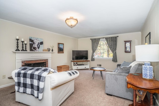 living area featuring a fireplace, crown molding, carpet, and visible vents