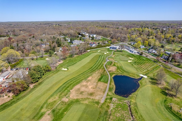 aerial view featuring a water view, a residential view, and golf course view