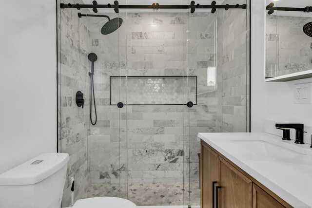 full bath featuring vanity, a shower stall, and toilet
