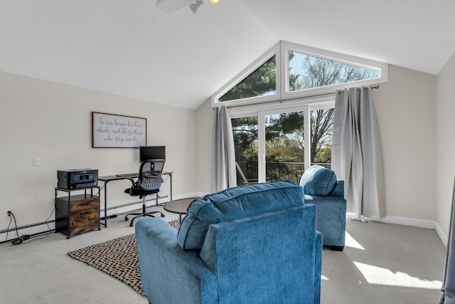 carpeted living room featuring baseboards, a baseboard radiator, and lofted ceiling
