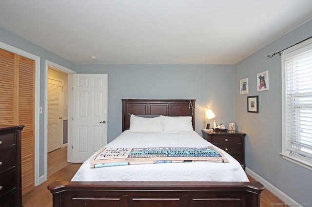 bedroom featuring baseboards, wood finished floors, and multiple windows
