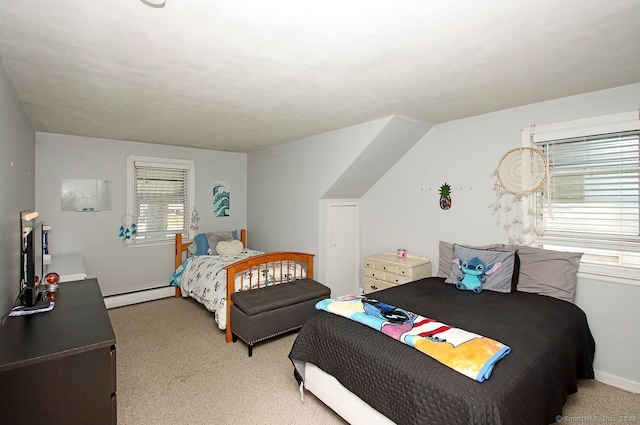 bedroom with baseboard heating and light carpet