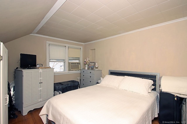 bedroom featuring lofted ceiling, crown molding, cooling unit, and dark wood-style floors