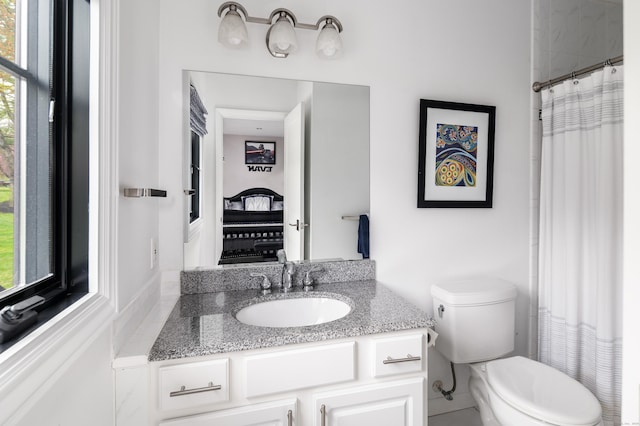 full bath featuring toilet, a wealth of natural light, vanity, and a shower with shower curtain