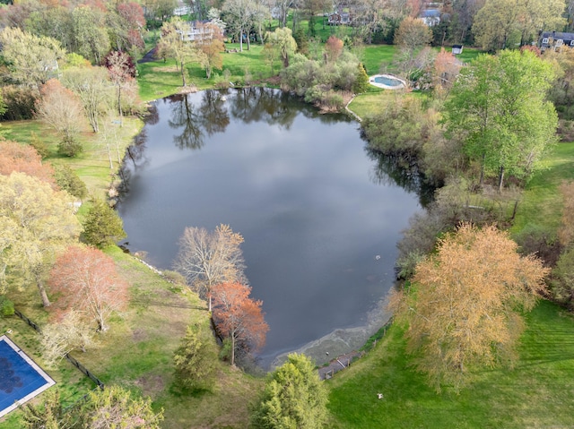 drone / aerial view featuring a water view