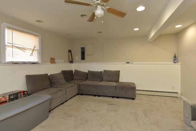 carpeted living room with ceiling fan, electric panel, a baseboard heating unit, and recessed lighting