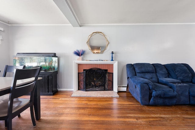 living area with a baseboard heating unit, ornamental molding, wood finished floors, and a fireplace