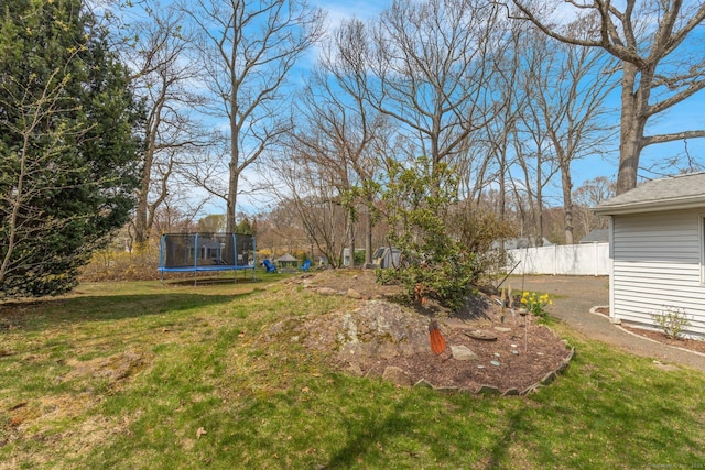view of yard with fence and a trampoline