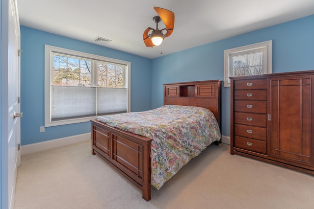 6 Holdridge Ct, Groton, CT 06355 - bedroom featuring visible vents, ceiling fan, light colored carpet, and baseboards