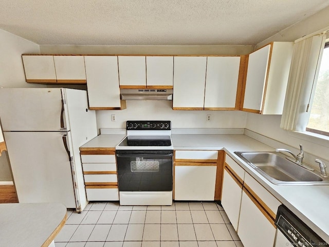 kitchen featuring white appliances, under cabinet range hood, light countertops, a sink, and white cabinetry