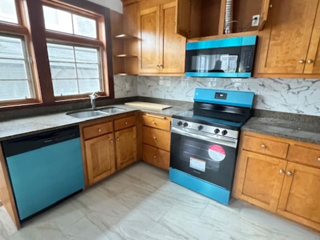 4 Culver Ct, Naugatuck, CT 06770 - kitchen with dishwasher, black microwave, electric stove, a sink, and light marble finish floors