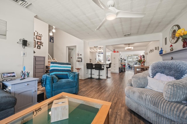 9 Berkshire Dr, Danbury, CT 06811 - living area featuring visible vents, wood finished floors, stairway, and ceiling fan with notable chandelier