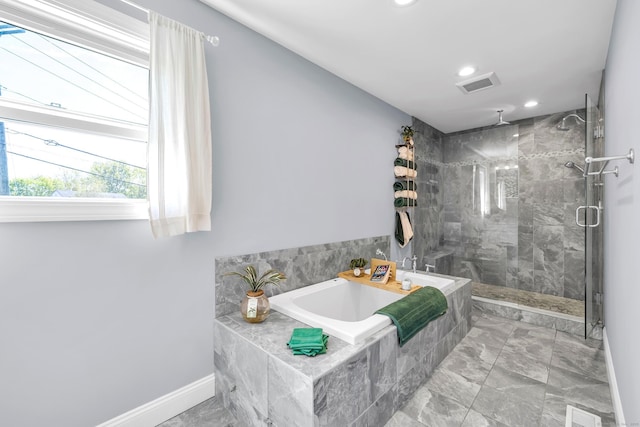 full bath featuring visible vents, a bath, marble finish floor, and a stall shower