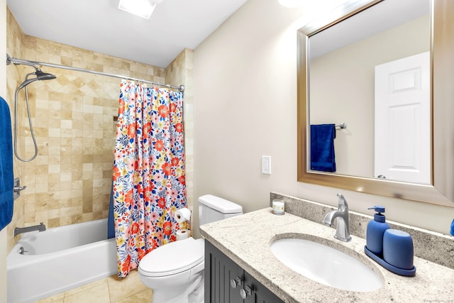 bathroom with vanity, shower / bathtub combination with curtain, tile patterned floors, and toilet