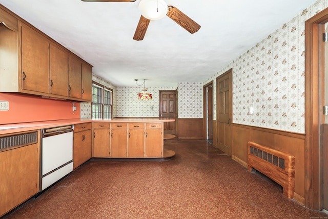 30 Sunset Hill Rd, Simsbury, CT 06070 - kitchen featuring dishwasher, wallpapered walls, radiator heating unit, wainscoting, and a ceiling fan