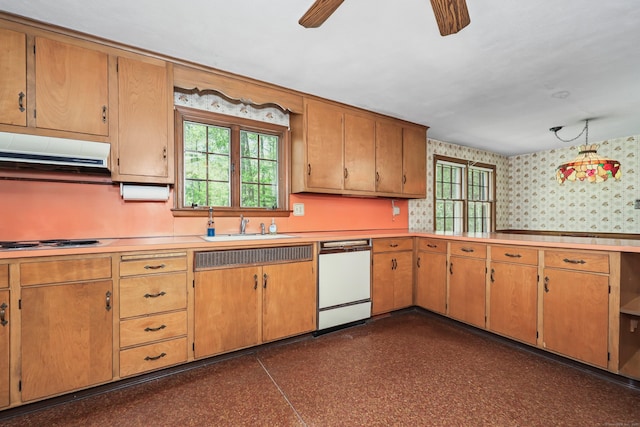 30 Sunset Hill Rd, Simsbury, CT 06070 - kitchen featuring white dishwasher, wallpapered walls, under cabinet range hood, a ceiling fan, and a sink