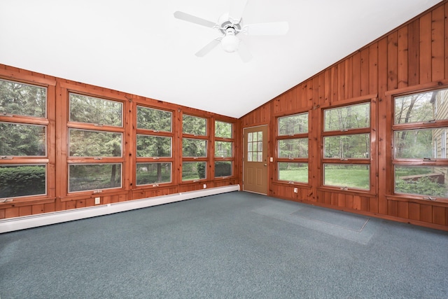 30 Sunset Hill Rd, Simsbury, CT 06070 - unfurnished sunroom featuring lofted ceiling, carpet floors, a baseboard heating unit, and wooden walls