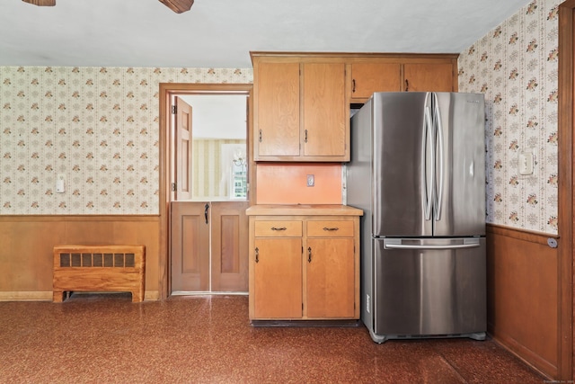 30 Sunset Hill Rd, Simsbury, CT 06070 - kitchen featuring freestanding refrigerator, wallpapered walls, a wainscoted wall, light countertops, and brown cabinetry